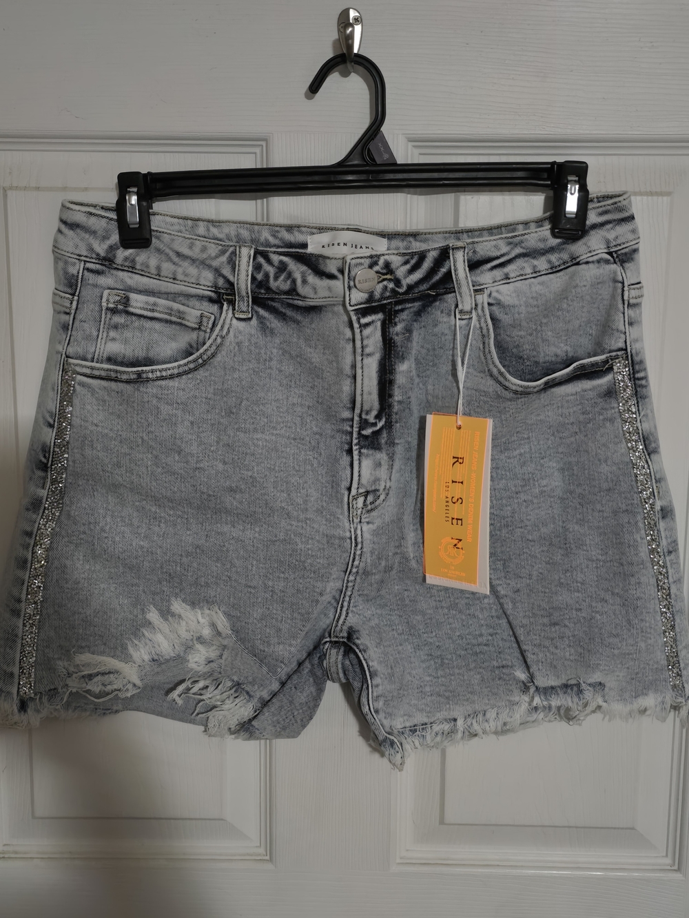 Distressed Light Gray Denim Shorts with Sparkle Side Trim